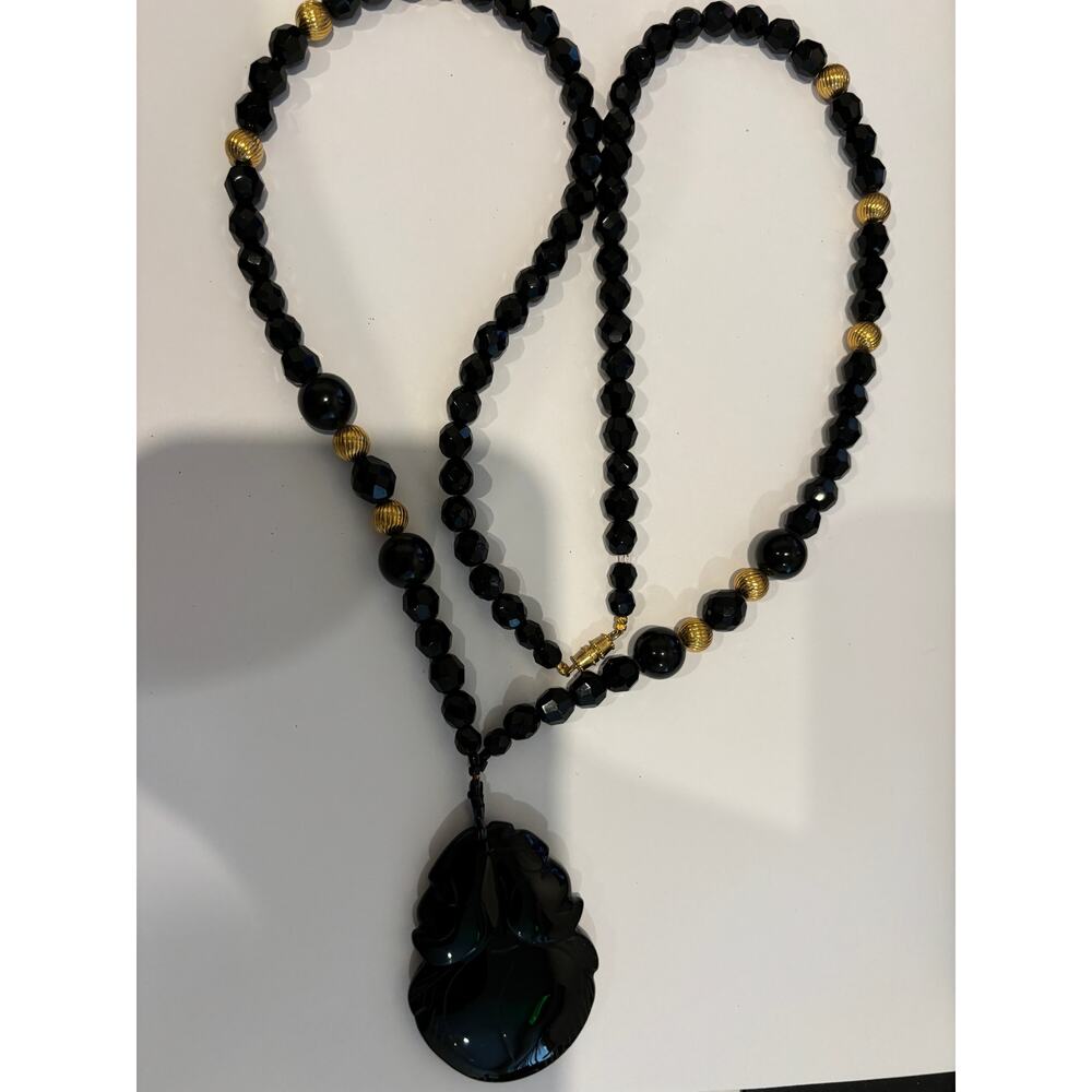 Vintage Carved Stone Pendant Faceted Glass Necklace Asian